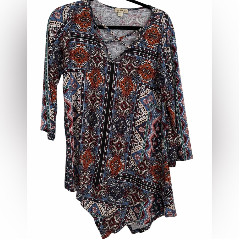 ONE WORLD Blue and Rust Patterned Crisscross Tunic Top - Picture 3 of 11